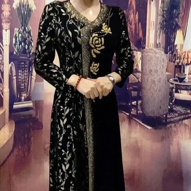 Commute Printed Elegant V-Neck Dresses Spring Autumn New A-Line Women's Clothing Long Sleeve Stylish Floral Diamonds Long Dress