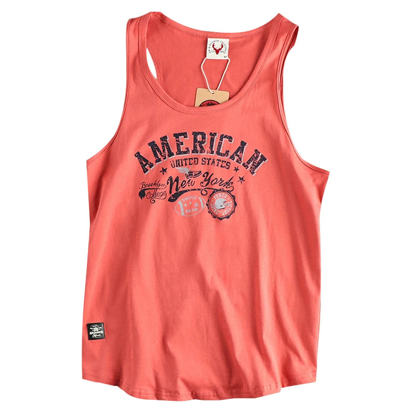 Summer New American Retro Sleeveless O-neck Letter Printed T-shirt Men's Fashion 100% Cotton Washed Casual Sports Vest Tops