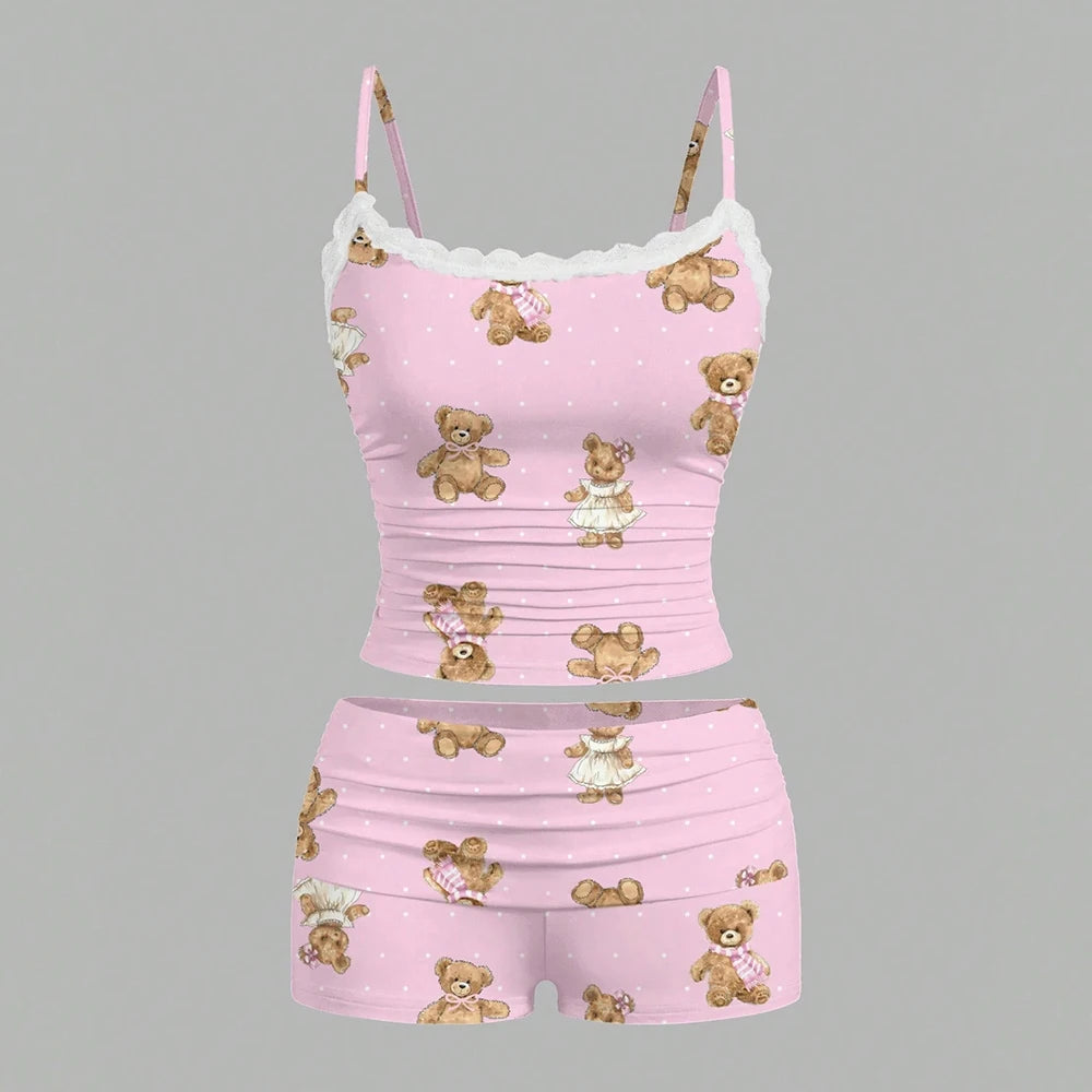 Women's Sets Summer Sweet Cute Graphic Printing Lace Sleeveless Round-Neck Tanks Low Waist Shorts Casual Sets