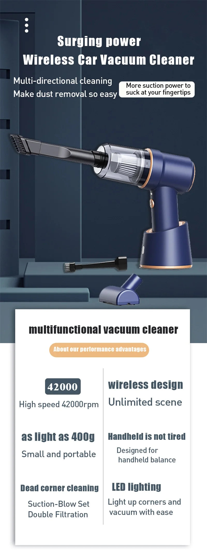 2-in-1 Wireless Car Vacuum Cleaner – Portable High-Power Handheld Vacuum with Multi Brush Heads & Type-C Charging