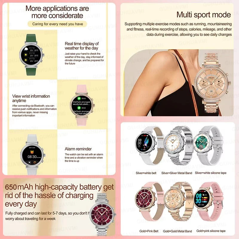 Women Diamond Smart Watch ECG Women Health tracking Watch Full Touch Screen BT Call Custom dial Smartwatch Compatible with Huawei & Xiaomi IOS