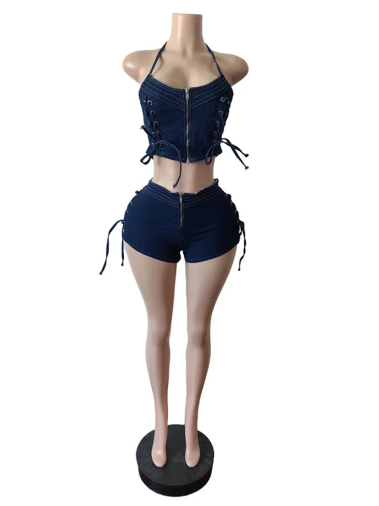 Shirring Decoration Denim 2 Piece Set Women Halter Low-Neck Backless Tops + Skinny Shorts Hottie Street Fashion Suits
