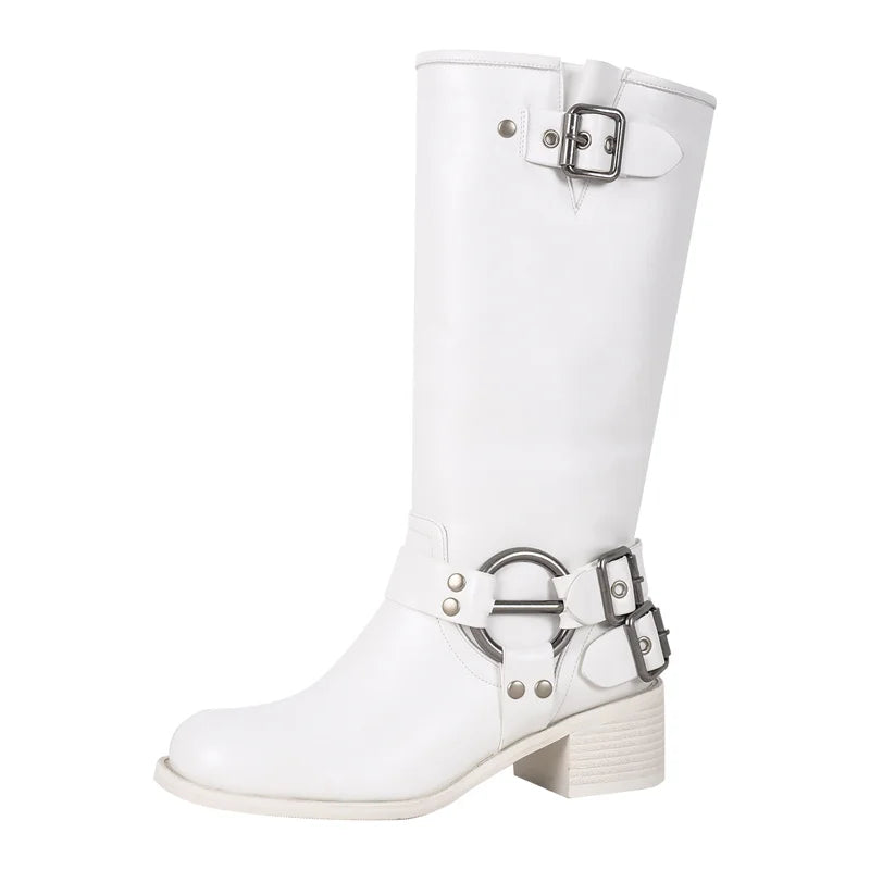 Women Gothic Black Round Toe Knee High Boots Heeled Metal Rivet Buckle Fashion 2023 Autumn Motorcycle Boots
