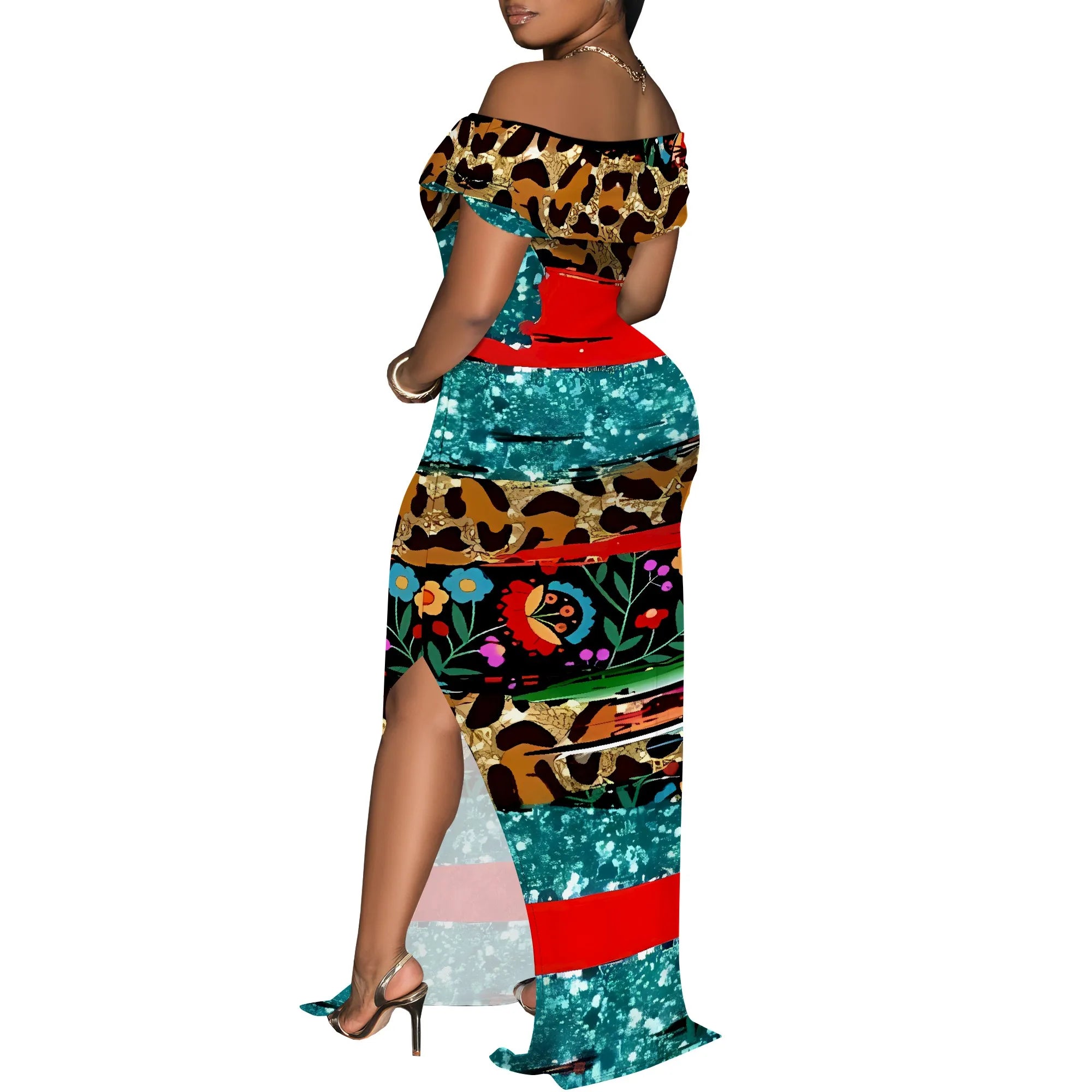 Tribal Patchwork Off Shoulder Maxi Dress Women Boho Style Slim Fit Slit Long Dress Party Clubwear