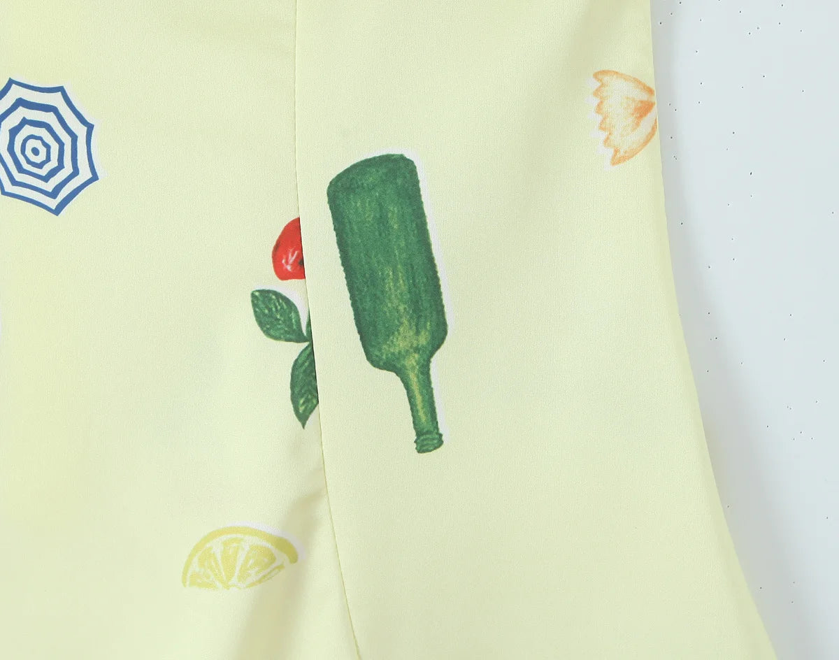 Cute Print Yellow Sexy Corset Style Sling Mini Dresses Women Summer A-line Holiday Dress Backless Robe