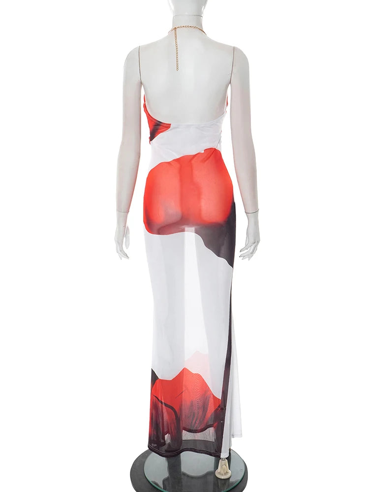 Seashell Metal Chain Hollow Halter Dress Women Flower Print Sexy See Through Backless Skinny Peach Hip Long Bodycon