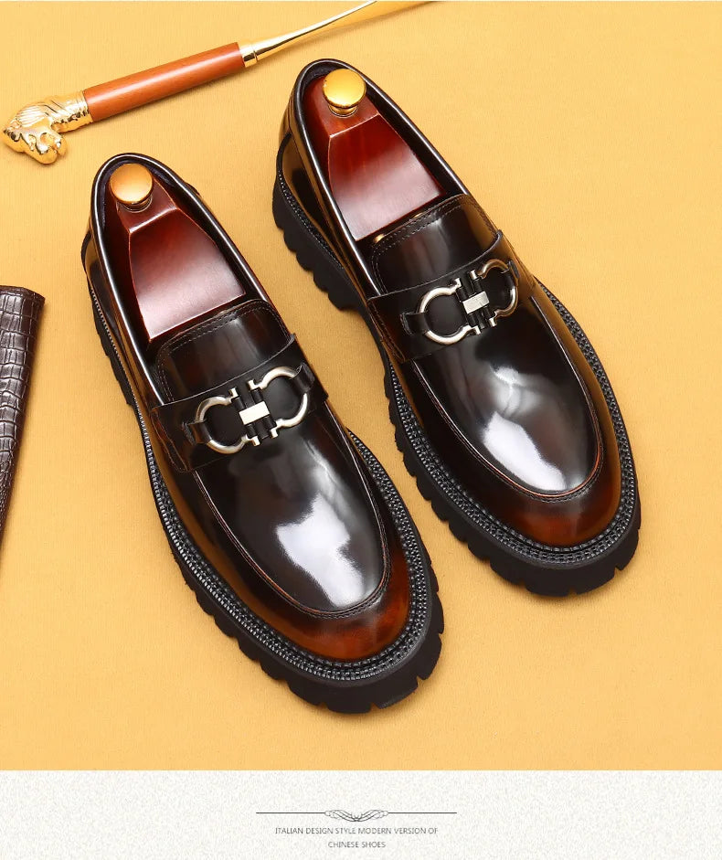 Cow Leather British Loafers Men Glossy Leather Business Casual Heightening Shoes - Non-Slip Tire Soles Dress and Round Toe Shoes