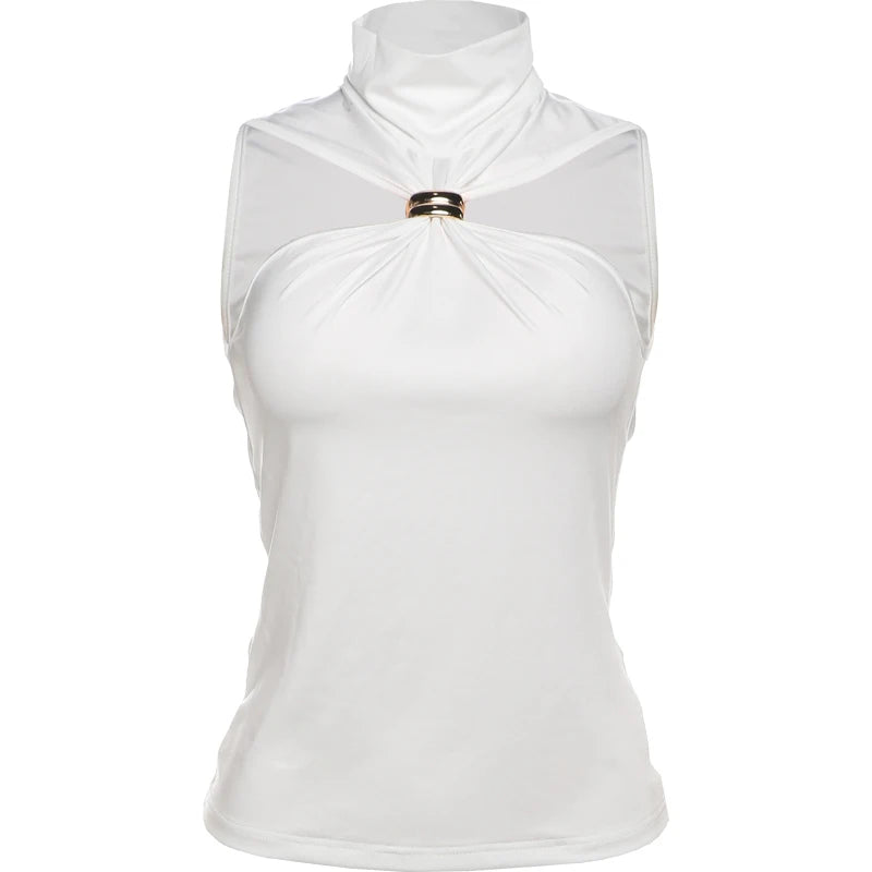 Metal Patchwork Women Fashion Tank Tops Summer Trend Ruched Turtleneck Beach Party Solid Simple Casual Elegant Outfits