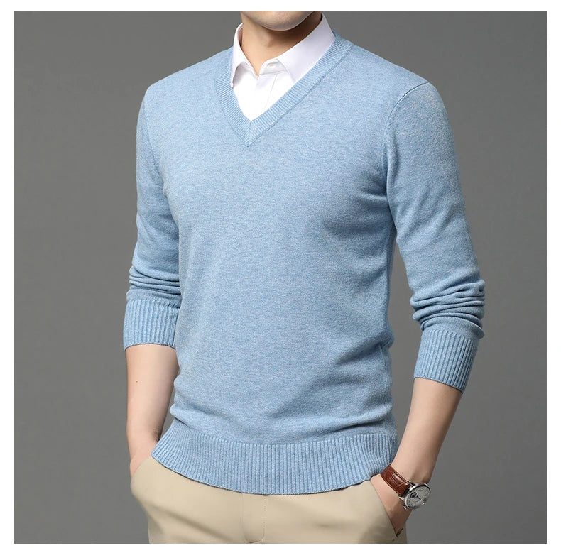 Men's High Quality Fashion Brand, Woollen Knit Pullover V-Neck Sweater, Autumn and Winter Casual Male Jumper