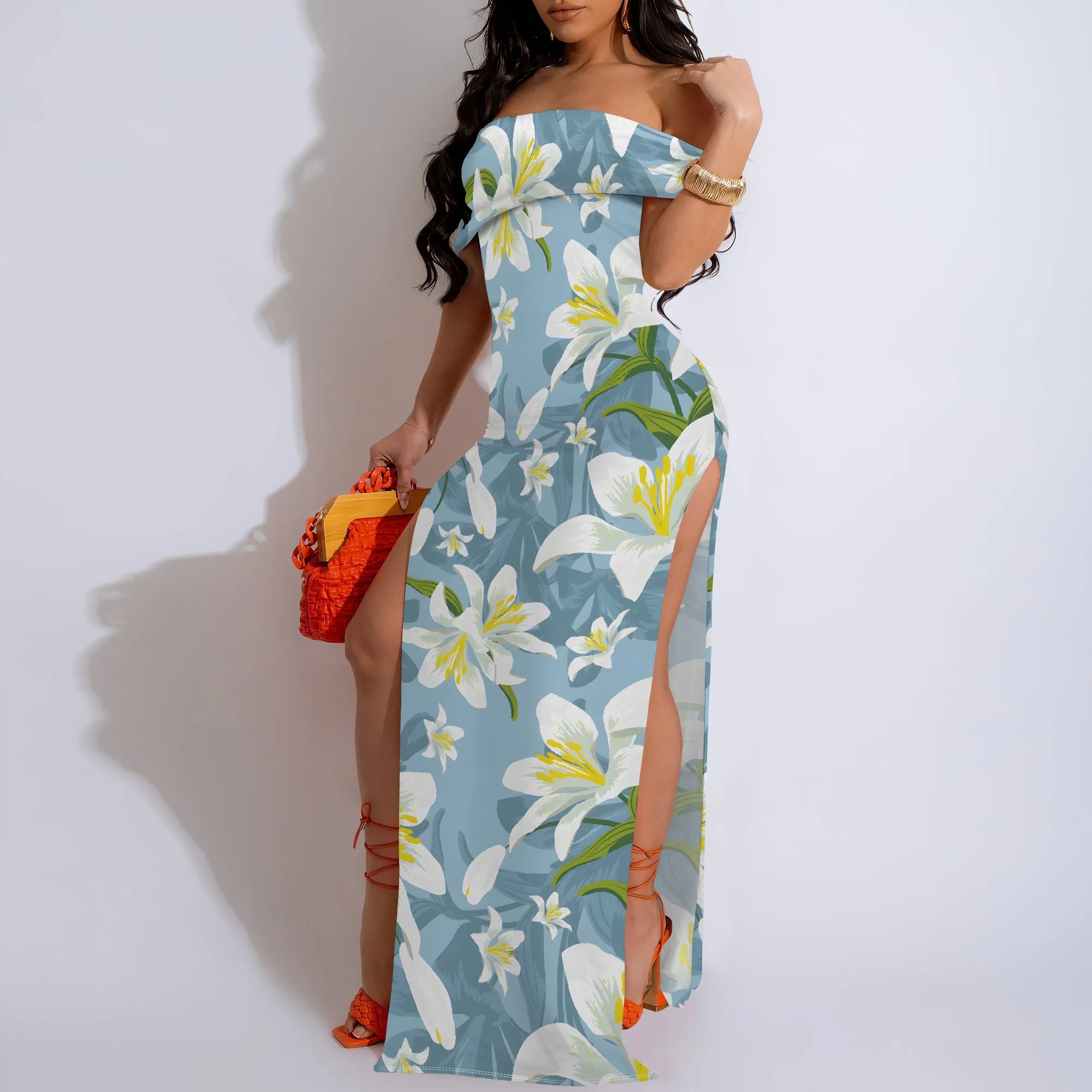 Lily Floral Off-Shoulder High Slit Maxi Dress - Women's Fresh Elegant Party Evening Resortwear Date Night