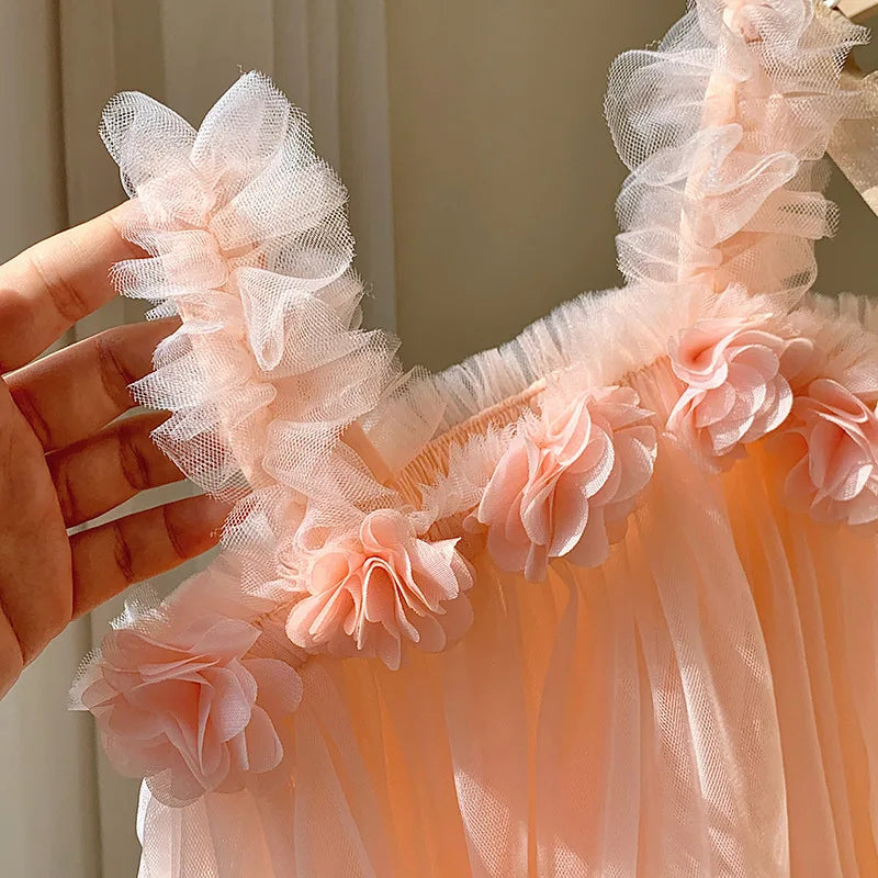 Summer Kids Sweet Mesh Dress Girls 6 Colours Suspended Floral Beach Skirt Children Tutu Princess Dress 1-6Y Girls