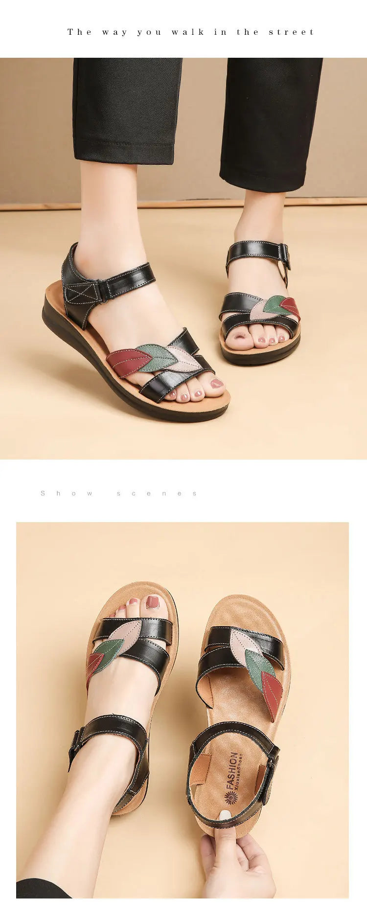 Women's Mother Ladies Female Genuine Leather Sandals Shoes Platform Summer Cool Beach Soft Waterproof Leaf Non Slip