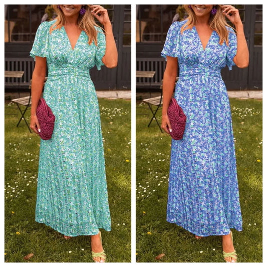 Summer Elegant Fragmented Flower Dress Women Fashion Beach Style V-neck Bubble Sleeves Long Dress Women