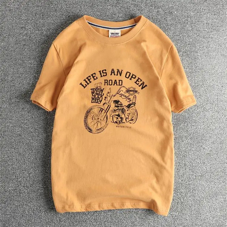 2025 Summer American Retro Short Sleeve O-neck Skeleton Motorcycle Printed T-shirt Men's Fashion 100% Cotton Washed Casual Tops