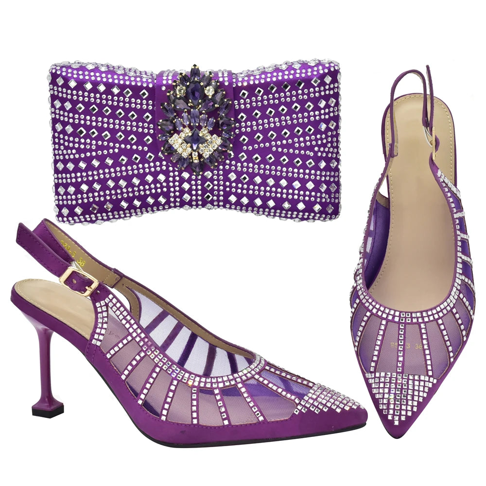 2025 Italian Shoes and Bags Matching Set Decorated with Rhinestone Plus Size Heels