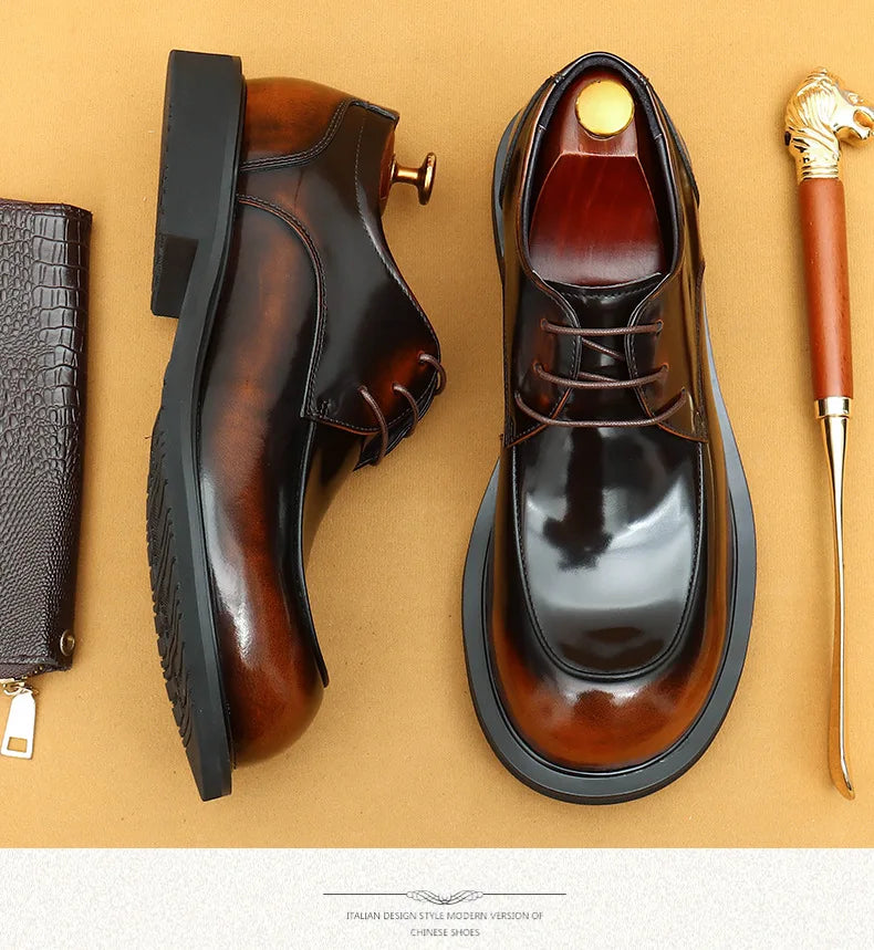 Men's business lace up casual leather shoes British big toe shoes cowhide patent leather round toe derby shoes Retro men's shoes