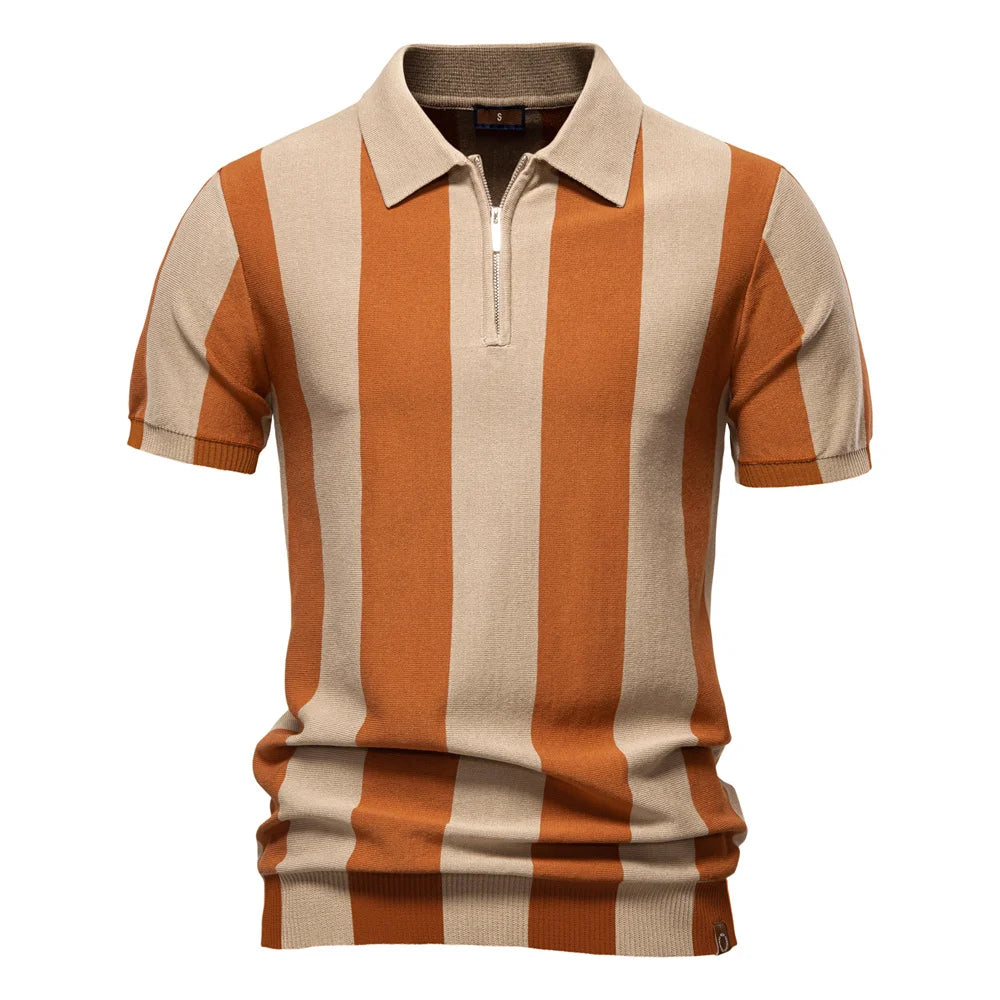 Men's Summer Breathable And Striped Contrast Panel Polo Shirt - Casual Short-Sleeve Knit Shirt With Comfort Fit