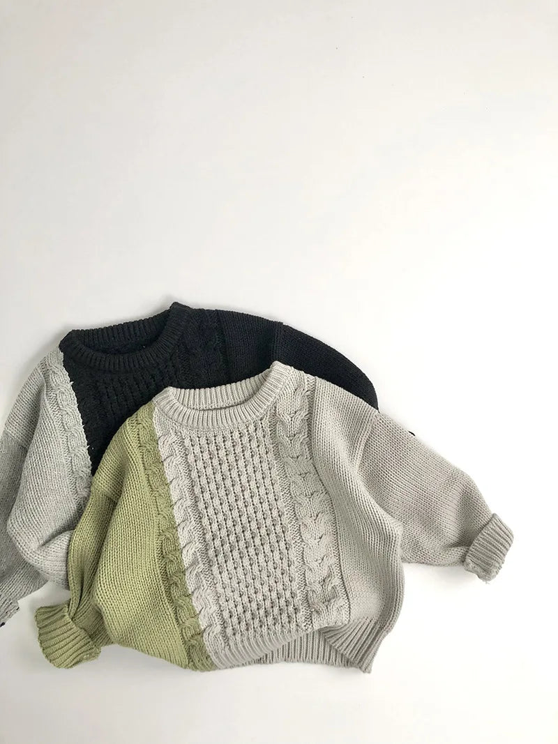 New Autumn Kid's Sweater Boys Trendy Patchwork Sweater Girls Knitted Pullover Children's Loose Knitwear 1-6Y Unisex