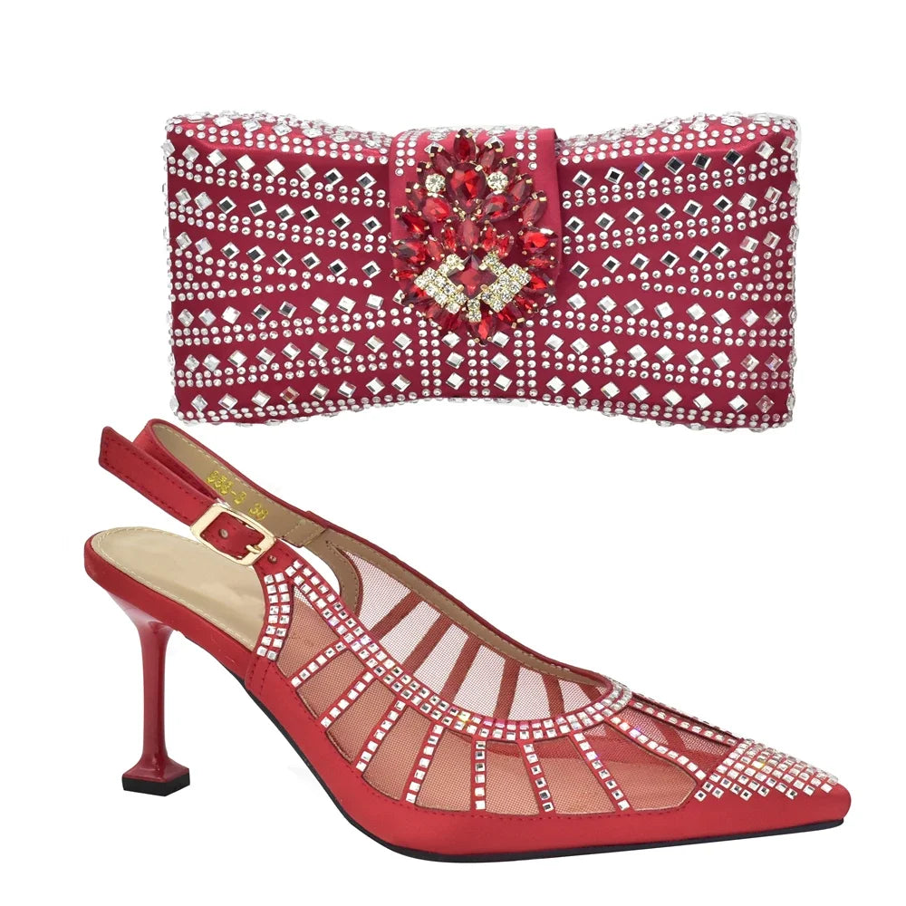 2025 Italian Shoes and Bags Matching Set Decorated with Rhinestone Plus Size Heels