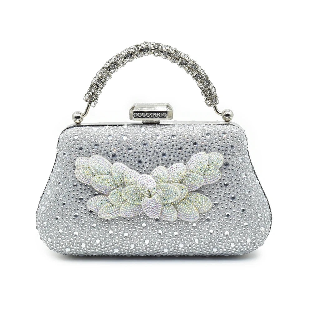 Women High Heel Pointed-Toe Italian Shoes and Bags Matching Set for Ladies Decorated With Rhinestone and Paired with Handmade Petal