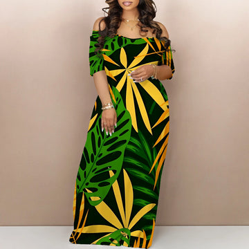 Summer Off Shoulder Maxi Dress Green Yellow Bold Leaf Print Women Holiday Beach Dress