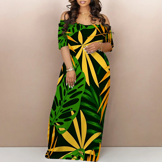 Summer Off Shoulder Maxi Dress Green Yellow Bold Leaf Print Women Holiday Beach Dress