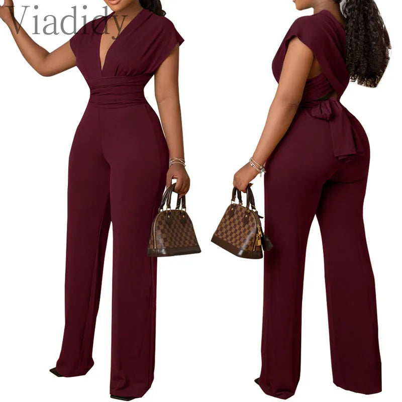 Women Solid Color V-Neck Short Sleeve Slim Waist Back Lace-Up Jumpsuit