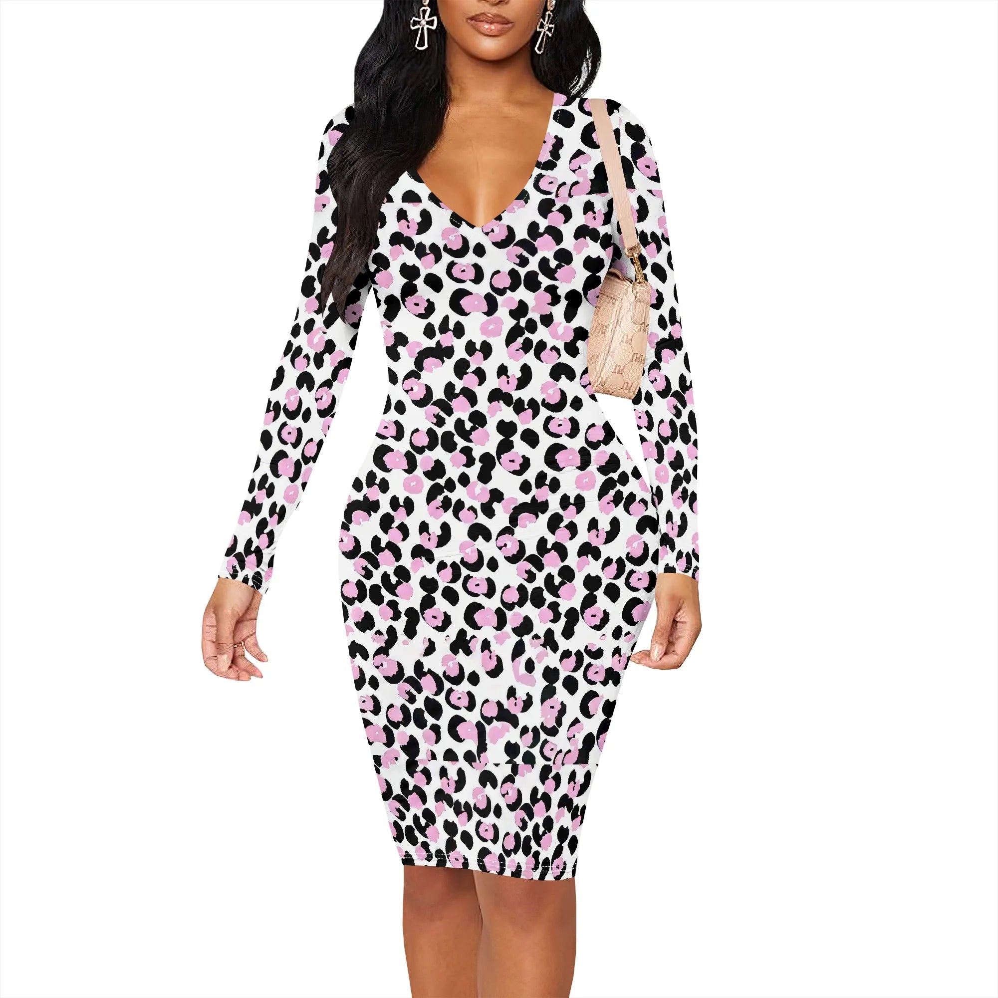 Sexy Pink Leopard Print Bodycon Dress for Women Long Sleeve Slim Fit Clubwear Dress