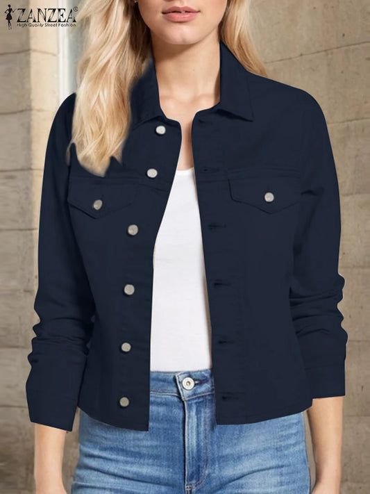 Women Daily Outerwear Long Sleeve Work Wear Casual Solid Colour Coats Button Up 2025 Spring Turn-down Collar Thin Jackets