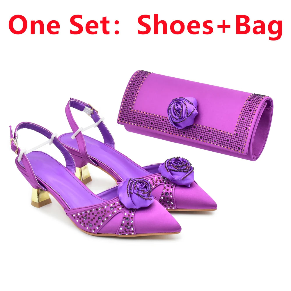 2025 Italian Design African Women's High Heels Pointed Toe Sandals Party Wedding Party Shoes and Bags Set for Wedding