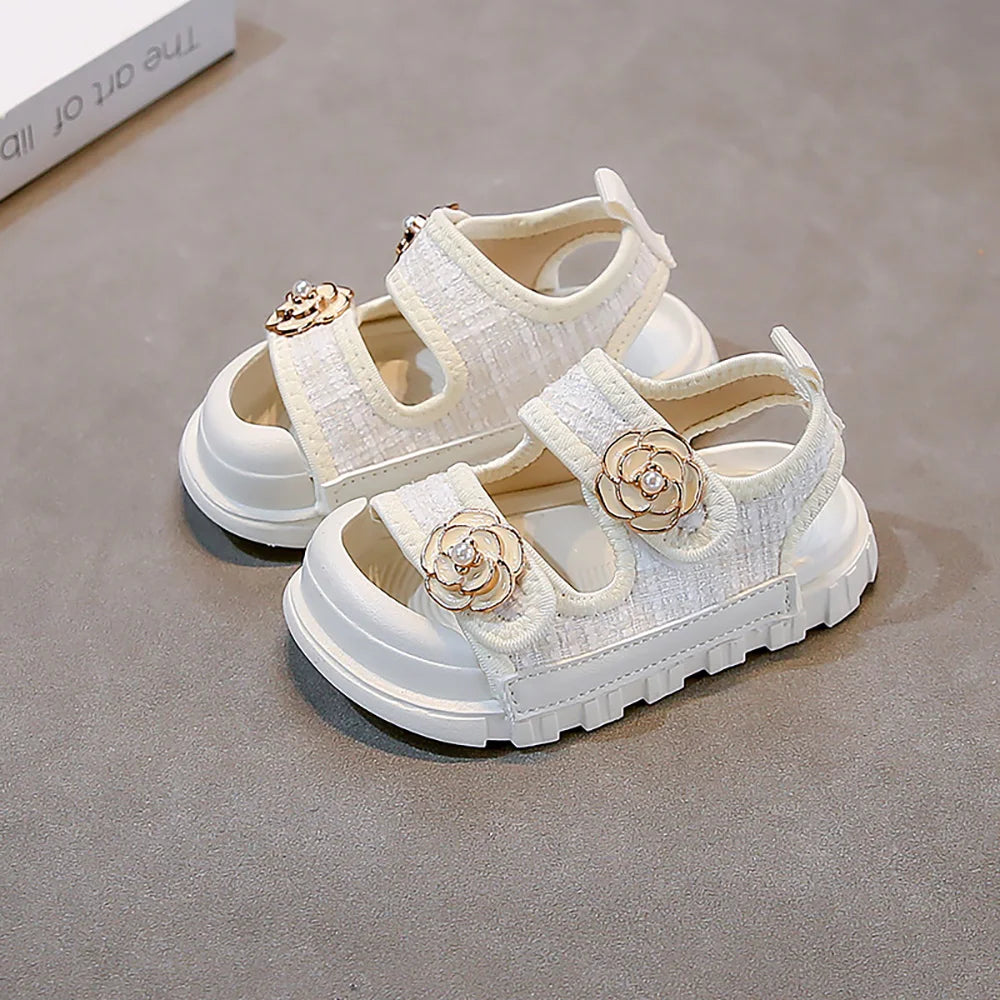 Korean Style Summer Sandals For Girls Luxury Pearl Flower Children's Beach Shoes Ergonomics Soft-soled Kid's Girl Sandals