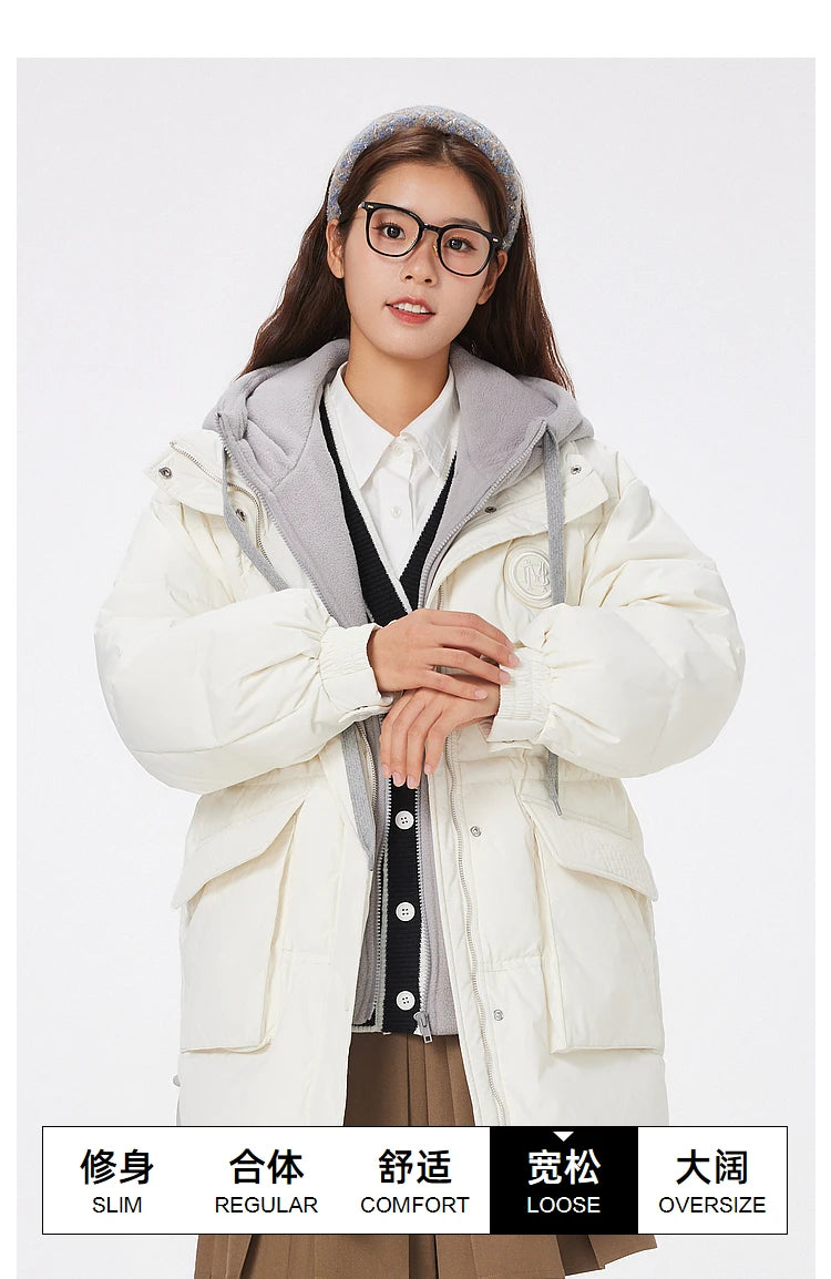 Women's Faux Two-Piece Mid-Length Puffer Jacket With Cosy Polar Fleece Lining, Hooded Warmth Loose Duck Down Coats For Ladies