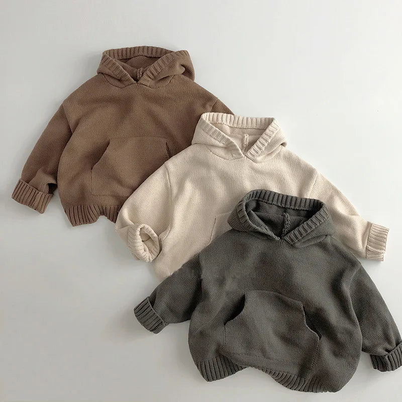 Front Pocket Fine Knit Children Boys Girl Sweaters Hoodie Knit Pullover Loose Style Girl Hooded Toddler Knitwear Coat 1-6Y Unisex