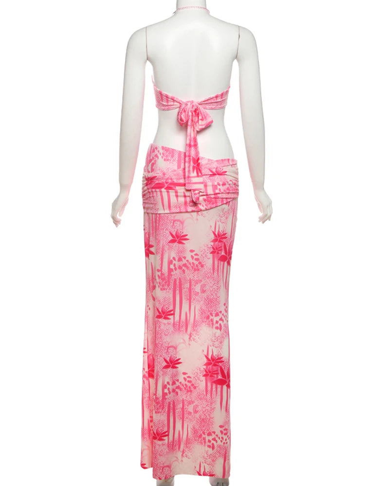 Fashion Patchwork 2 Piece Set Women Pearls Necklace Halter Applique Crop Tops + Skinny Skirts Vacation Beach Style Suit