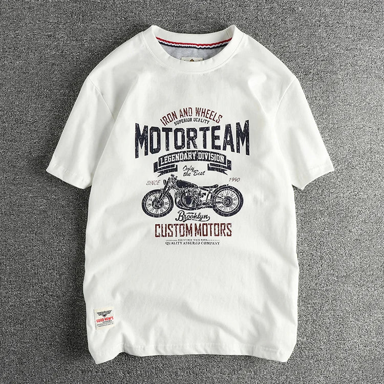 Summer American Retro Short Sleeve O-neck Letter Motorcycle Printed T-shirt Men's Fashion 100% Cotton Washed Casual Youth Tops