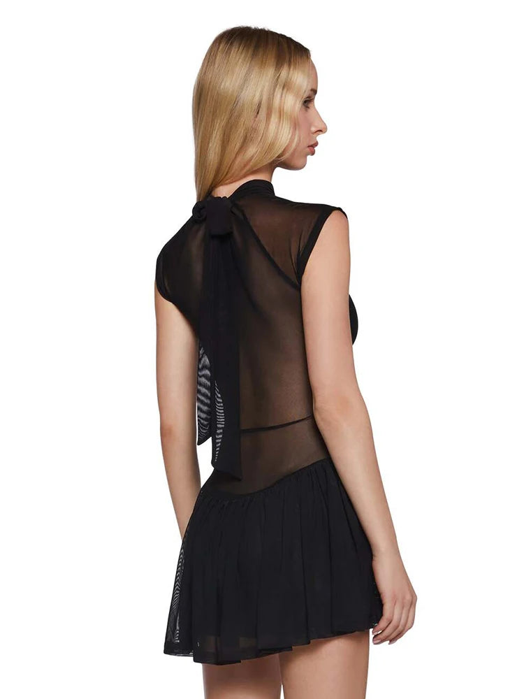 Hollow Sexy Dress Women o-Neck Coquette Sleeveless Patchwork Pleated Hem Halter Summer Midnight Clubwear Mini Bodycon