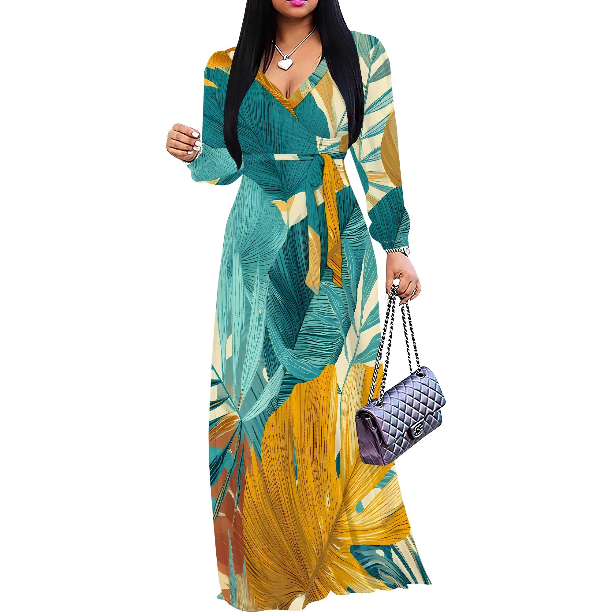 Standard Size Long Sleeve V Neck Maxi Dress White Tropical Leaf Print Casual Vacation Outfit
