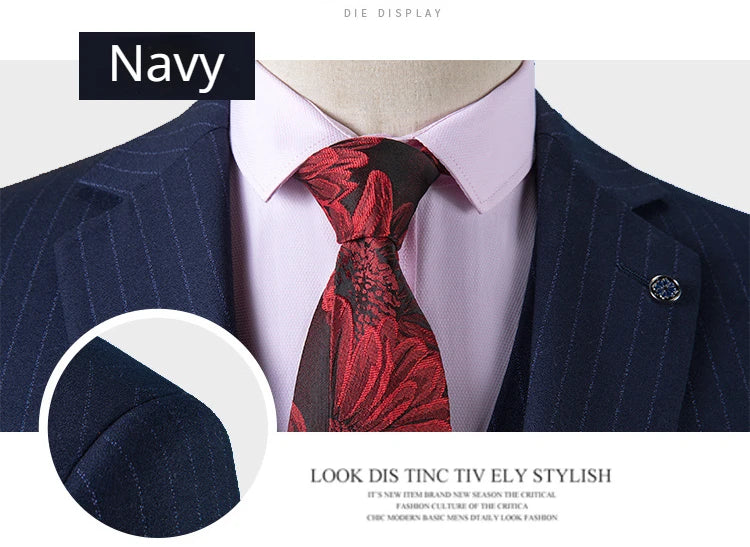 Men's Premium British Striped Suits, Business Formal Dress, Wedding, and Groom, Slim-Fit, Coat Vest & Pants -  Customized Sizes Available