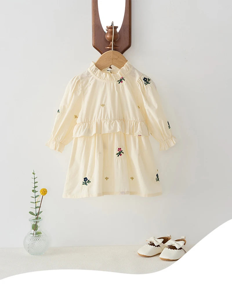 Spring Girls' Long Sleeve Dress 0-6Y Flower Embroidery Ruffled Collar Baby Children's Princess Dress Retro Style Kid's Clothing