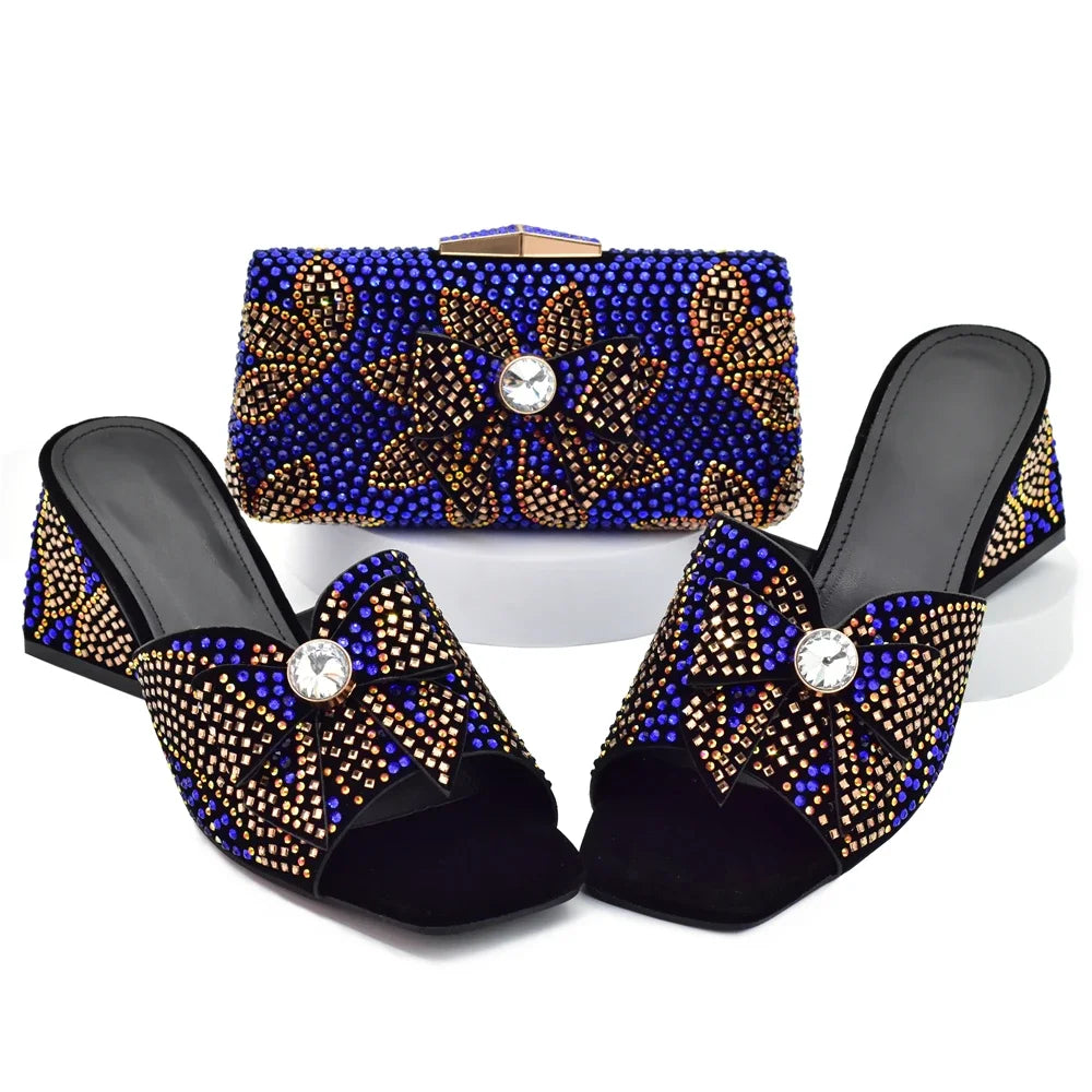 Nigeria Popular Design African Ladies Shoes and Bag Set Decorated with Rhinestone Wedding Shoes Bride Peep Toe Low Black Heels