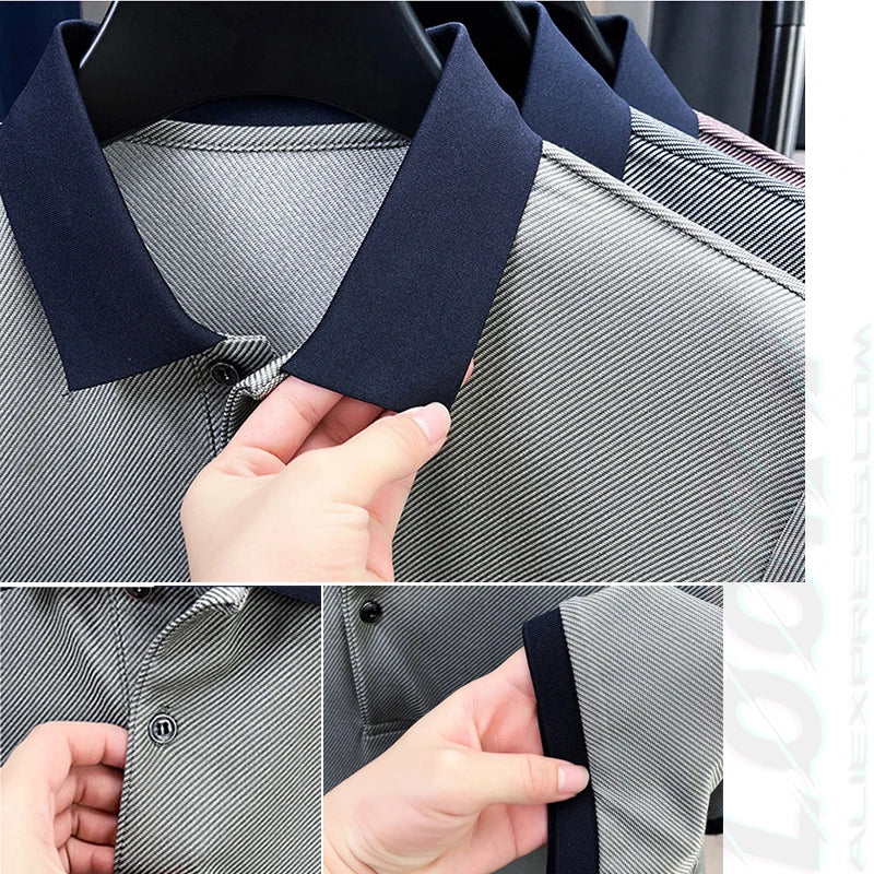 Men’s Breathable Polo Shirt – Stretch Fabric & Striped Design for Office/Casual Use Elastic Comfort and Classic Collar M-4XL