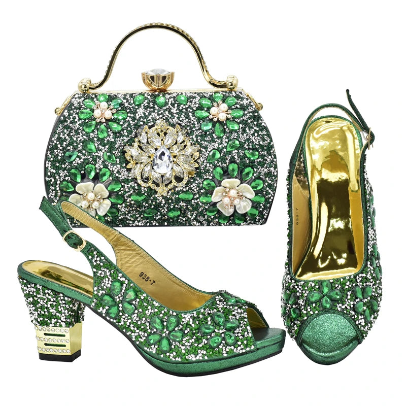 Italian Women Wedding Shoes and Bag Set Decorated with Rhinestone Africa Shoe and Bag Set Plus Size Heels 43 Wedding Shoes Bride