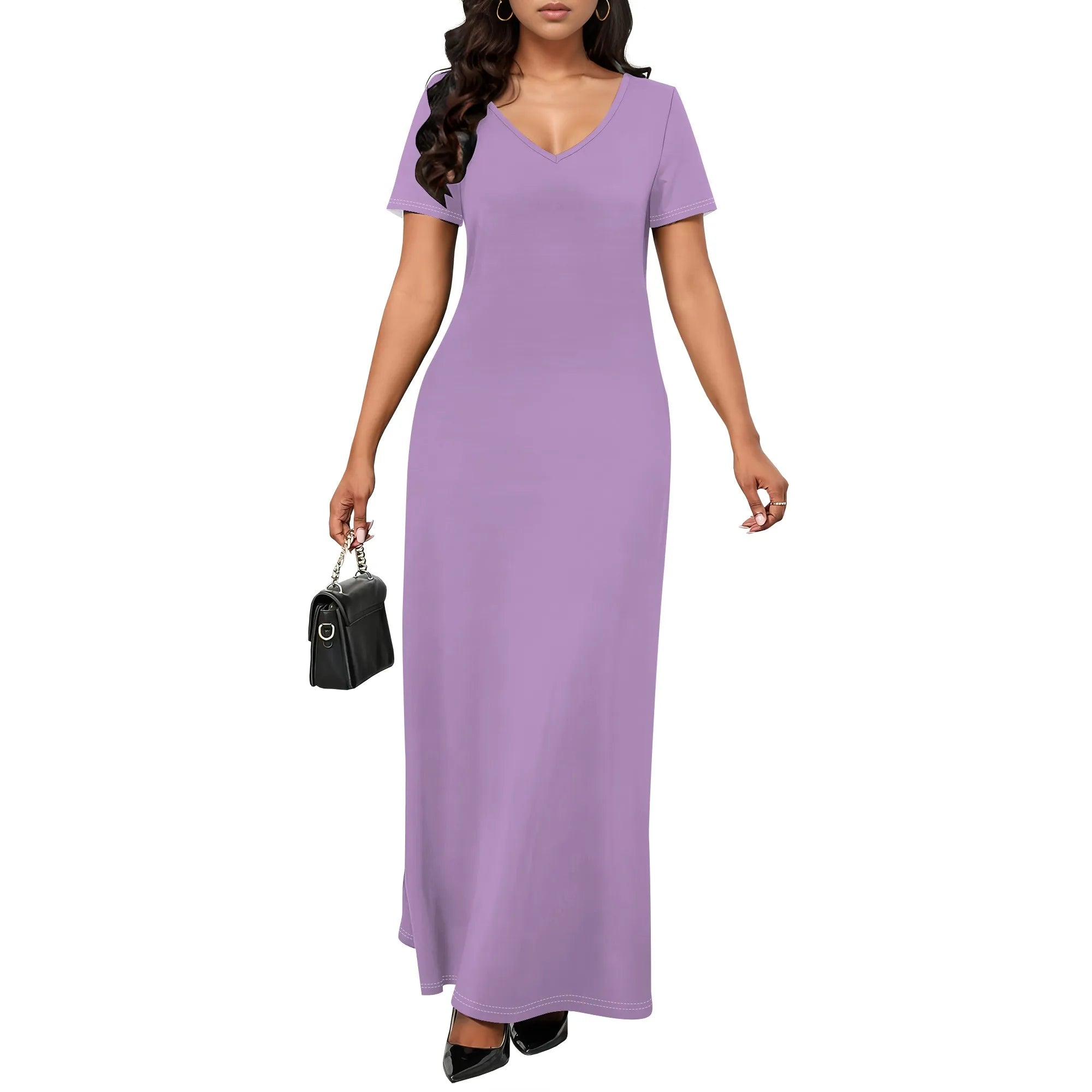 Women's Casual Short Sleeve Sexy V Neck Solid Color T Shirt Maxi Dress Summer Beach Swing Sundresses with Pockets