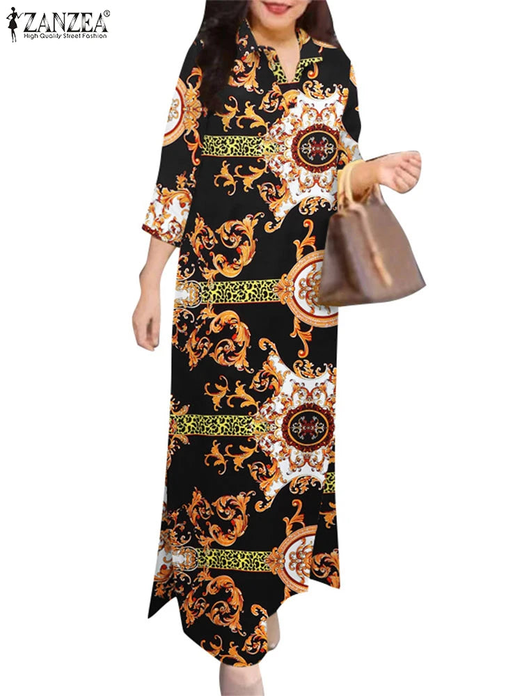 Fashion Slit Hem Shirtdress 3/4 Sleeve Women Vintage Casual Maxi Dress Autumn Baroque Print Lapel Neck Long Vestidos