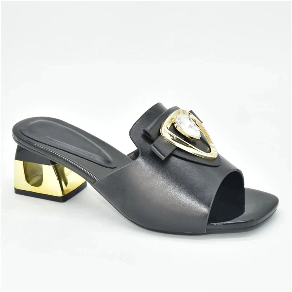 Women's Italian High Heel Slippers Shoes with Metal Trim and Rhinestones for Ladies Suitable for Autumn Wedding