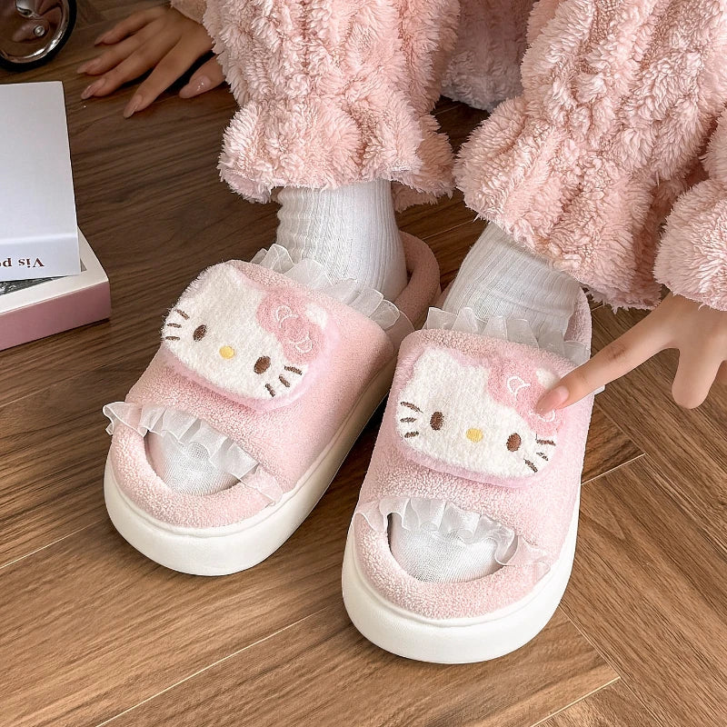Kids' Slippers House Shoes Cartoon Hello Kitty Open Toe Winter Shoes Warm Anti-Slip Shoes For Girls Size 36-41