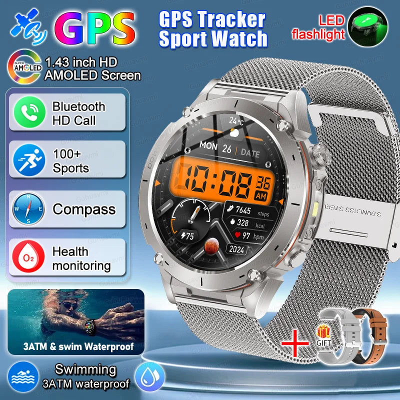 2025 New Rugged Military GPS Smart Watch Built-In GPS Tracker Compass Sports Fitness Tracking Smartwatch - Compatible with HUAWEI & Xiaomi IOS