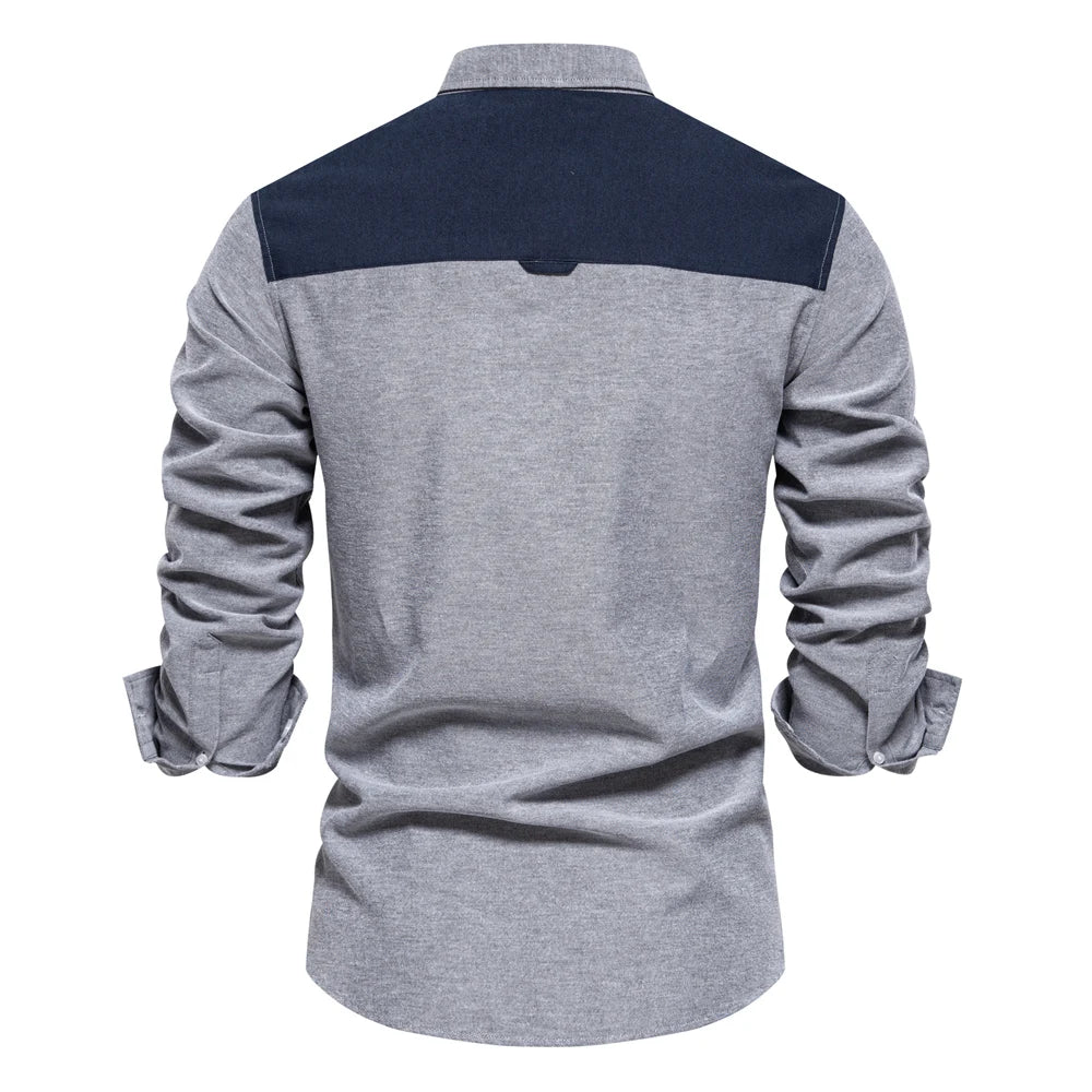 Men's Spring Patchwork Oxford Shirt Casual Wear Cotton Blend Pocket Shirts For Men