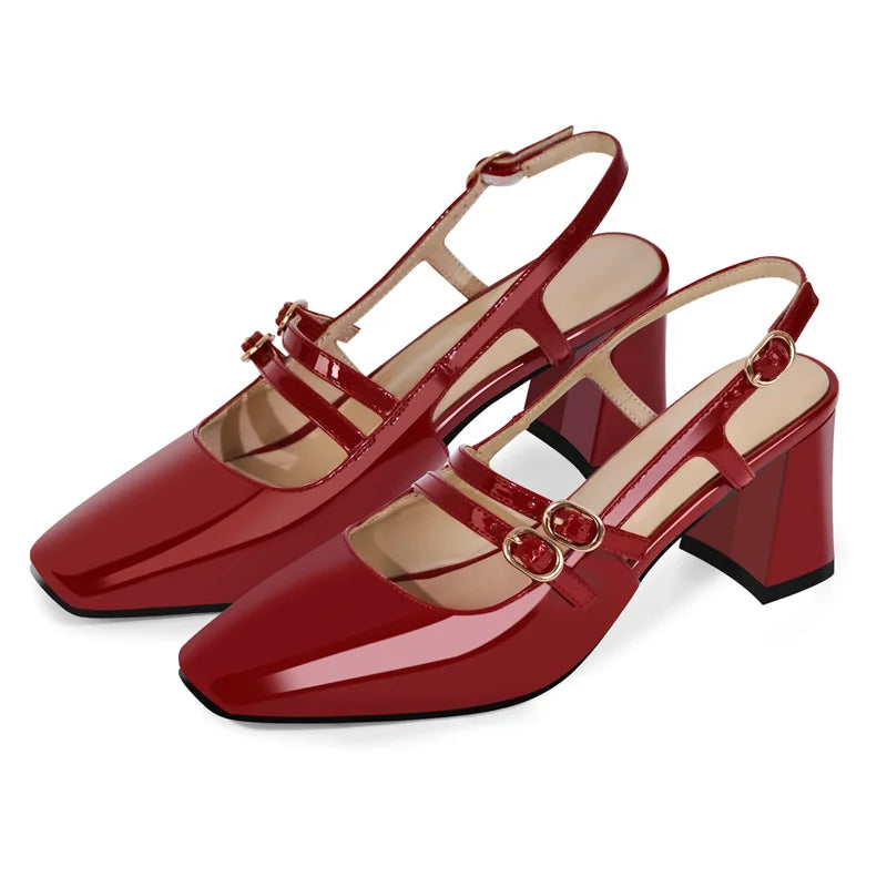 Women Square Toe Red Patent Leather Straps Chunky Heel Slingback Sandals Chunky Heel Sandals