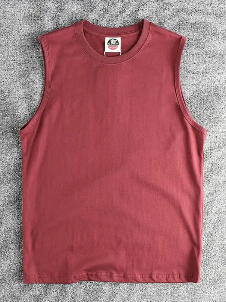 2025 Summer New American Retro Sleeveless O-neck Solid Color T-shirt Men's Fashion 100% Cotton Basketball Sports Casual Vest